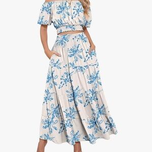 Blue Floral Puff-Sleeve Two-Piece Set